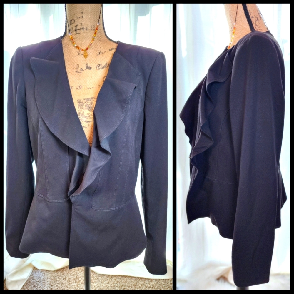 WHBM Black Ruffle Peplum Blazer Single Button Jacket Size 12